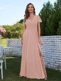 A-Line/Princess Chiffon Ruched V-Neck Short Sleeves Floor-Length Bridesmaid Dresses Formal Evening Dress