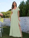 A-Line/Princess Chiffon Ruched V-Neck Short Sleeves Floor-Length Bridesmaid Dresses Formal Evening Dress