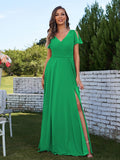 A-Line/Princess Chiffon Ruched V-Neck Short Sleeves Floor-Length Bridesmaid Dresses Formal Evening Dress