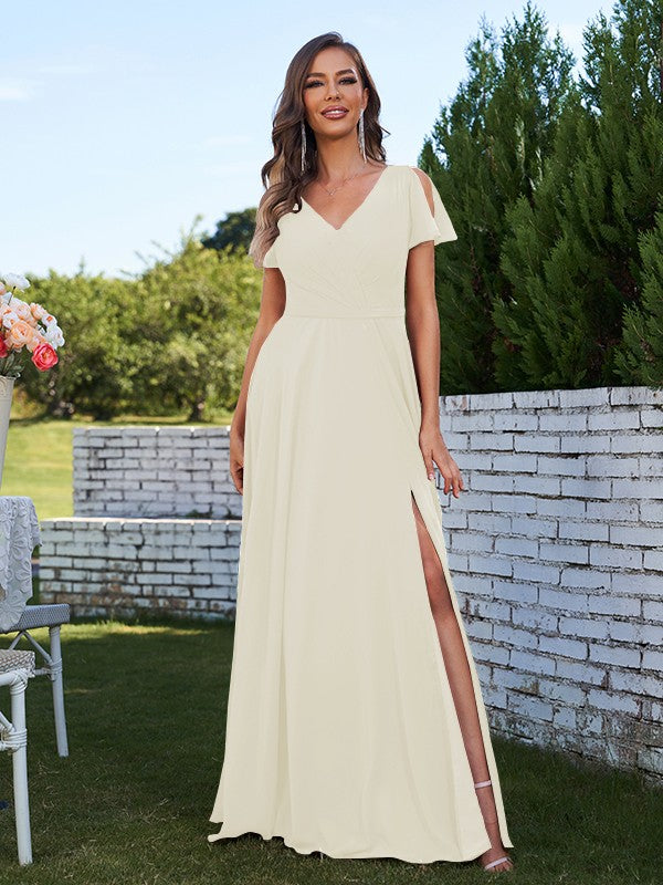 A-Line/Princess Chiffon Ruched V-Neck Short Sleeves Floor-Length Bridesmaid Dresses Formal Evening Dress