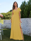 A-Line/Princess Chiffon Ruched V-Neck Short Sleeves Floor-Length Bridesmaid Dresses Formal Evening Dress