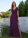 A-Line/Princess Chiffon Ruched V-Neck Short Sleeves Floor-Length Bridesmaid Dresses Formal Evening Dress