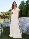 A-Line/Princess Chiffon Ruched V-Neck Short Sleeves Floor-Length Bridesmaid Dresses Formal Evening Dress