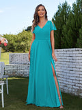 A-Line/Princess Chiffon Ruched V-Neck Short Sleeves Floor-Length Bridesmaid Dresses Formal Evening Dress