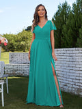 A-Line/Princess Chiffon Ruched V-Neck Short Sleeves Floor-Length Bridesmaid Dresses Formal Evening Dress
