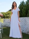 A-Line/Princess Chiffon Ruched V-Neck Short Sleeves Floor-Length Bridesmaid Dresses Formal Evening Dress