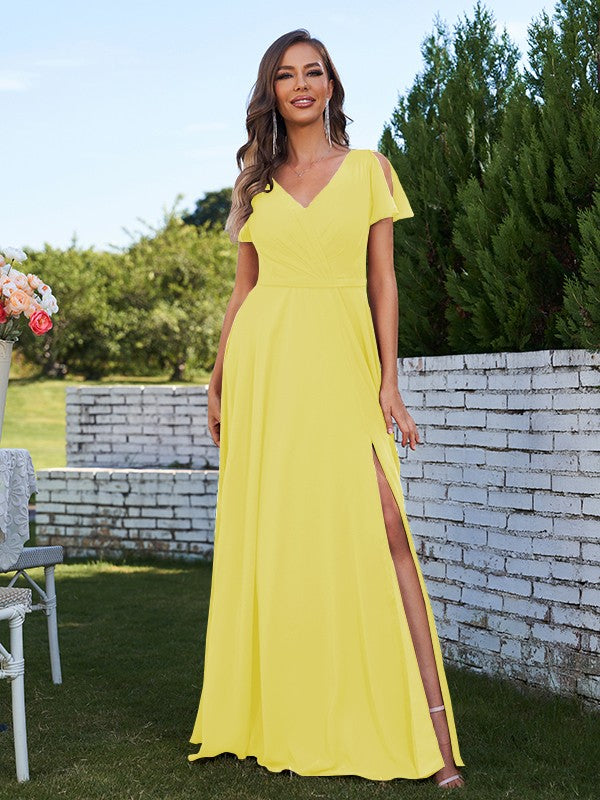 A-Line/Princess Chiffon Ruched V-Neck Short Sleeves Floor-Length Bridesmaid Dresses Formal Evening Dress