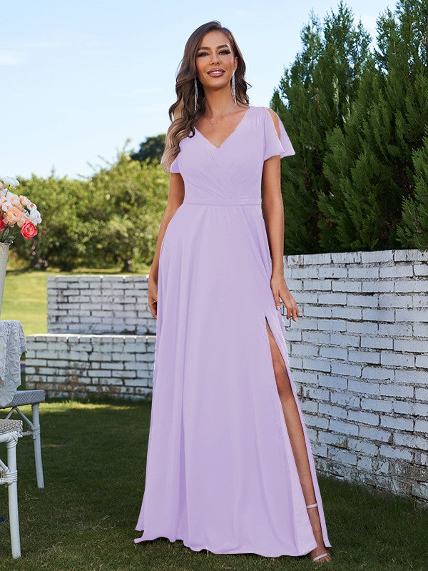 A-Line/Princess Chiffon Ruched V-Neck Short Sleeves Floor-Length Bridesmaid Dresses Formal Evening Dress