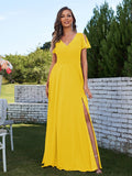 A-Line/Princess Chiffon Ruched V-Neck Short Sleeves Floor-Length Bridesmaid Dresses Formal Evening Dress