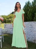 A-Line/Princess Chiffon Ruched V-Neck Short Sleeves Floor-Length Bridesmaid Dresses Formal Evening Dress