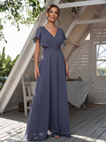 A-Line/Princess Chiffon Ruffles V-neck Short Sleeves Floor-Length Bridesmaid Dresses Formal Evening Dress