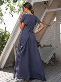 A-Line/Princess Chiffon Ruffles V-neck Short Sleeves Floor-Length Bridesmaid Dresses Formal Evening Dress