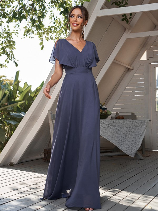 A-Line/Princess Chiffon Ruffles V-neck Short Sleeves Floor-Length Bridesmaid Dresses Formal Evening Dress