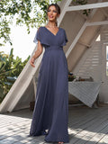 A-Line/Princess Chiffon Ruffles V-neck Short Sleeves Floor-Length Bridesmaid Dresses Formal Evening Dress