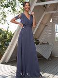 A-Line/Princess Chiffon Ruffles V-neck Short Sleeves Floor-Length Bridesmaid Dresses Formal Evening Dress
