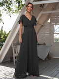 A-Line/Princess Chiffon Ruffles V-neck Short Sleeves Floor-Length Bridesmaid Dresses Formal Evening Dress