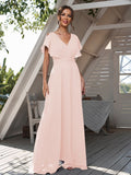 A-Line/Princess Chiffon Ruffles V-neck Short Sleeves Floor-Length Bridesmaid Dresses Formal Evening Dress
