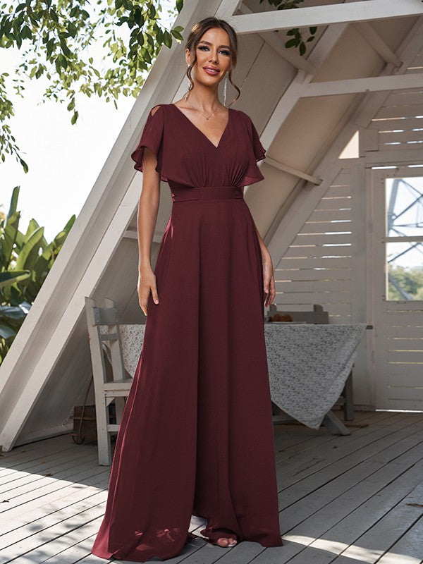 A-Line/Princess Chiffon Ruffles V-neck Short Sleeves Floor-Length Bridesmaid Dresses Formal Evening Dress