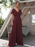 A-Line/Princess Chiffon Ruffles V-neck Short Sleeves Floor-Length Bridesmaid Dresses Formal Evening Dress
