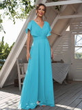 A-Line/Princess Chiffon Ruffles V-neck Short Sleeves Floor-Length Bridesmaid Dresses Formal Evening Dress