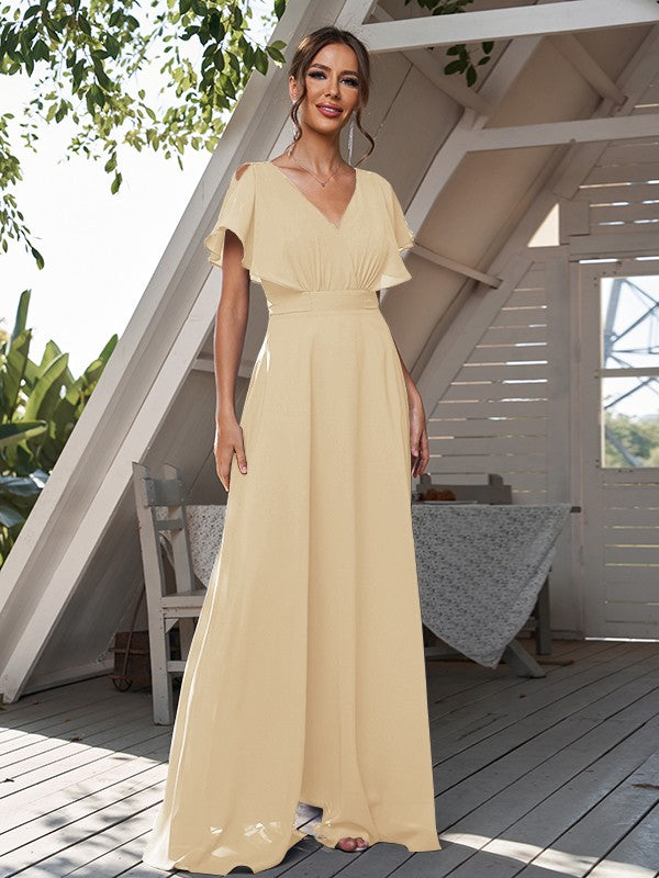 A-Line/Princess Chiffon Ruffles V-neck Short Sleeves Floor-Length Bridesmaid Dresses Formal Evening Dress