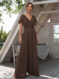 A-Line/Princess Chiffon Ruffles V-neck Short Sleeves Floor-Length Bridesmaid Dresses Formal Evening Dress