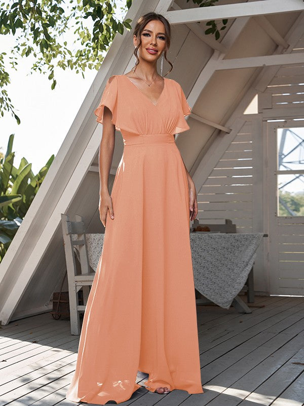 A-Line/Princess Chiffon Ruffles V-neck Short Sleeves Floor-Length Bridesmaid Dresses Formal Evening Dress