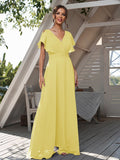 A-Line/Princess Chiffon Ruffles V-neck Short Sleeves Floor-Length Bridesmaid Dresses Formal Evening Dress