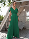 A-Line/Princess Chiffon Ruffles V-neck Short Sleeves Floor-Length Bridesmaid Dresses Formal Evening Dress