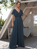 A-Line/Princess Chiffon Ruffles V-neck Short Sleeves Floor-Length Bridesmaid Dresses Formal Evening Dress