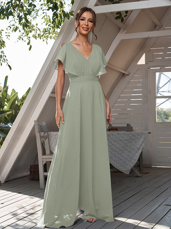 A-Line/Princess Chiffon Ruffles V-neck Short Sleeves Floor-Length Bridesmaid Dresses Formal Evening Dress