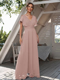 A-Line/Princess Chiffon Ruffles V-neck Short Sleeves Floor-Length Bridesmaid Dresses Formal Evening Dress