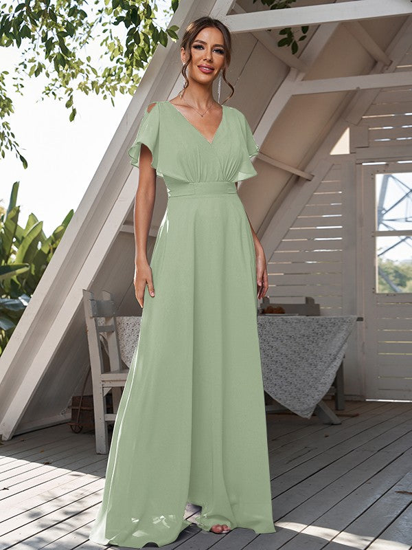 A-Line/Princess Chiffon Ruffles V-neck Short Sleeves Floor-Length Bridesmaid Dresses Formal Evening Dress