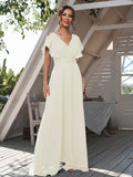 A-Line/Princess Chiffon Ruffles V-neck Short Sleeves Floor-Length Bridesmaid Dresses Formal Evening Dress