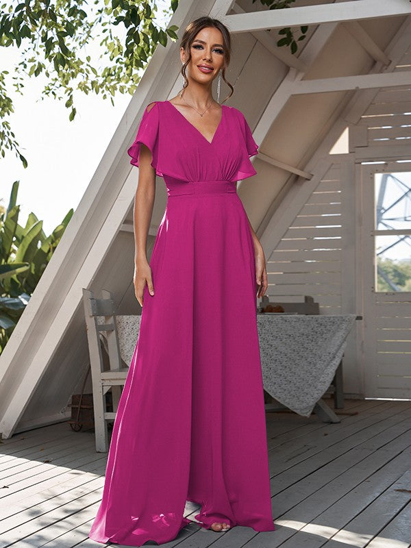A-Line/Princess Chiffon Ruffles V-neck Short Sleeves Floor-Length Bridesmaid Dresses Formal Evening Dress