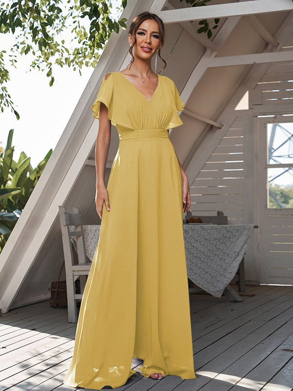 A-Line/Princess Chiffon Ruffles V-neck Short Sleeves Floor-Length Bridesmaid Dresses Formal Evening Dress