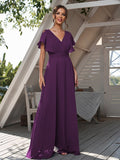 A-Line/Princess Chiffon Ruffles V-neck Short Sleeves Floor-Length Bridesmaid Dresses Formal Evening Dress