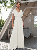 A-Line/Princess Chiffon Ruffles V-neck Short Sleeves Floor-Length Bridesmaid Dresses Formal Evening Dress