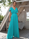 A-Line/Princess Chiffon Ruffles V-neck Short Sleeves Floor-Length Bridesmaid Dresses Formal Evening Dress