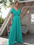 A-Line/Princess Chiffon Ruffles V-neck Short Sleeves Floor-Length Bridesmaid Dresses Formal Evening Dress