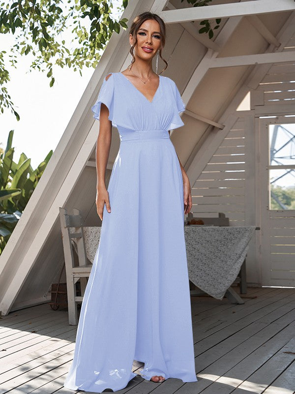 A-Line/Princess Chiffon Ruffles V-neck Short Sleeves Floor-Length Bridesmaid Dresses Formal Evening Dress