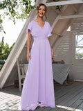 A-Line/Princess Chiffon Ruffles V-neck Short Sleeves Floor-Length Bridesmaid Dresses Formal Evening Dress