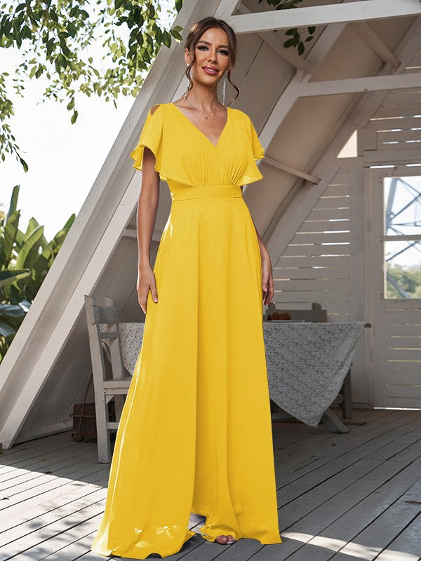 A-Line/Princess Chiffon Ruffles V-neck Short Sleeves Floor-Length Bridesmaid Dresses Formal Evening Dress
