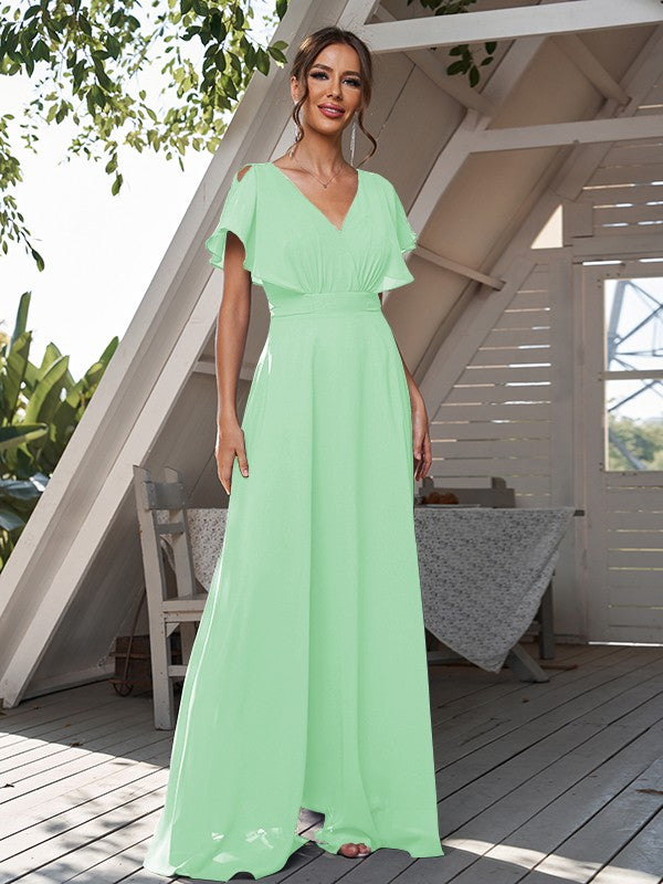 A-Line/Princess Chiffon Ruffles V-neck Short Sleeves Floor-Length Bridesmaid Dresses Formal Evening Dress