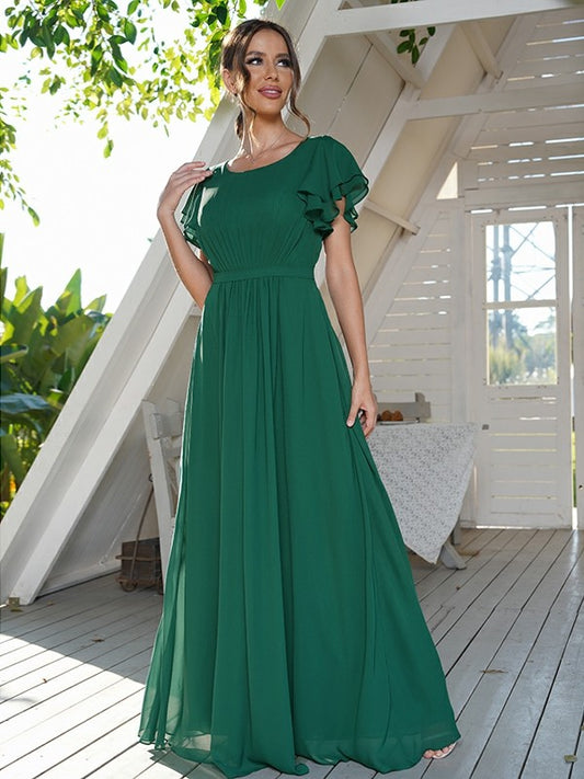 A-Line/Princess Chiffon Ruffles Scoop Short Sleeves Floor-Length Bridesmaid Dresses Formal Evening Dress