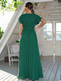 A-Line/Princess Chiffon Ruffles Scoop Short Sleeves Floor-Length Bridesmaid Dresses Formal Evening Dress