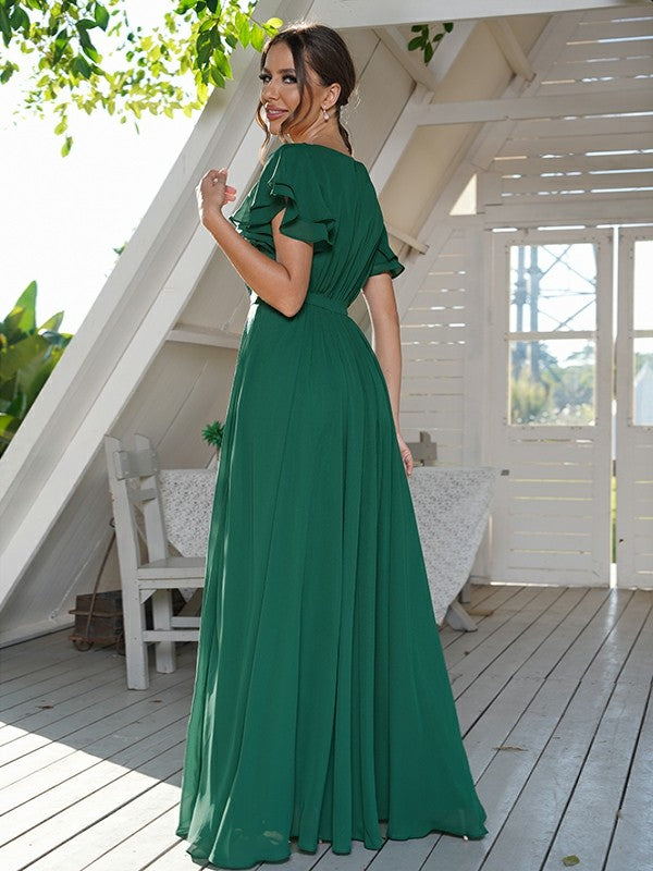 A-Line/Princess Chiffon Ruffles Scoop Short Sleeves Floor-Length Bridesmaid Dresses Formal Evening Dress