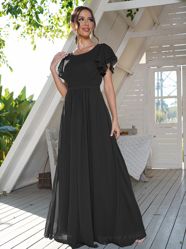 A-Line/Princess Chiffon Ruffles Scoop Short Sleeves Floor-Length Bridesmaid Dresses Formal Evening Dress
