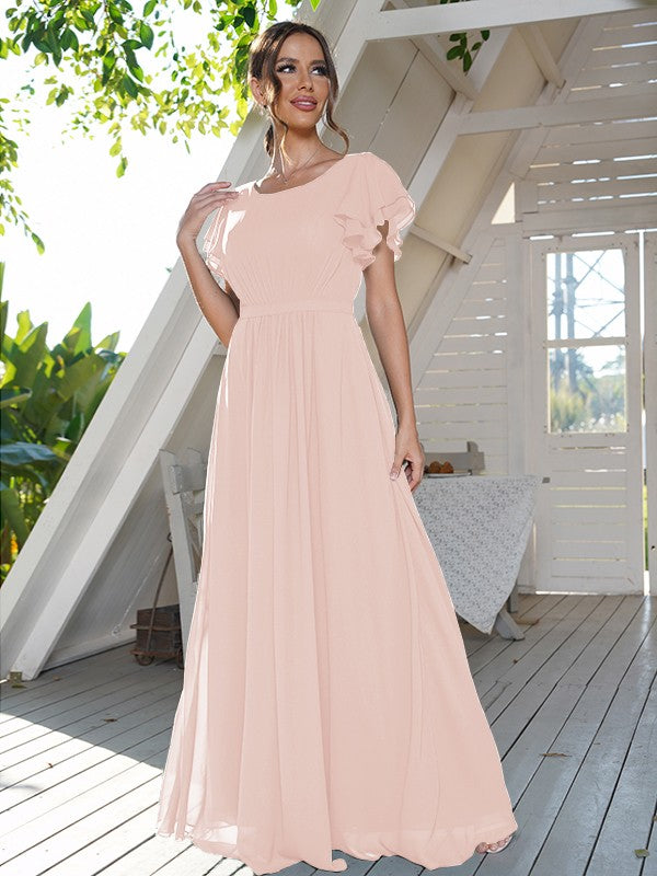A-Line/Princess Chiffon Ruffles Scoop Short Sleeves Floor-Length Bridesmaid Dresses Formal Evening Dress