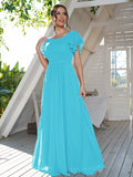 A-Line/Princess Chiffon Ruffles Scoop Short Sleeves Floor-Length Bridesmaid Dresses Formal Evening Dress
